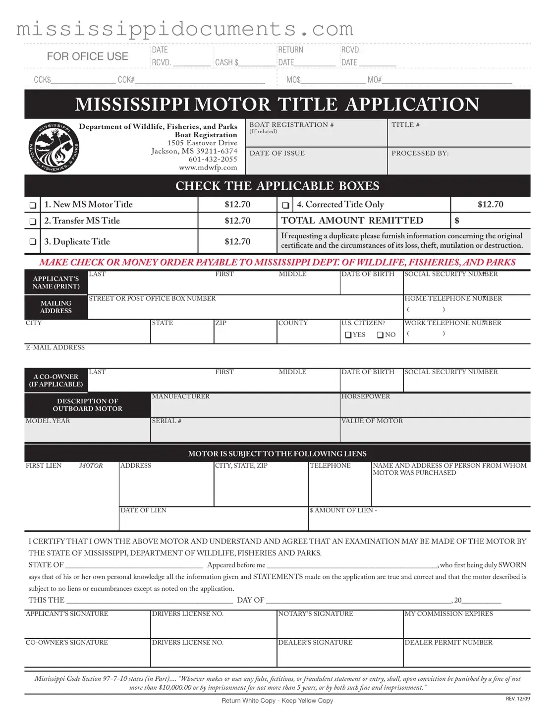 Official Certificate Of Title For Mississippi Form in PDF