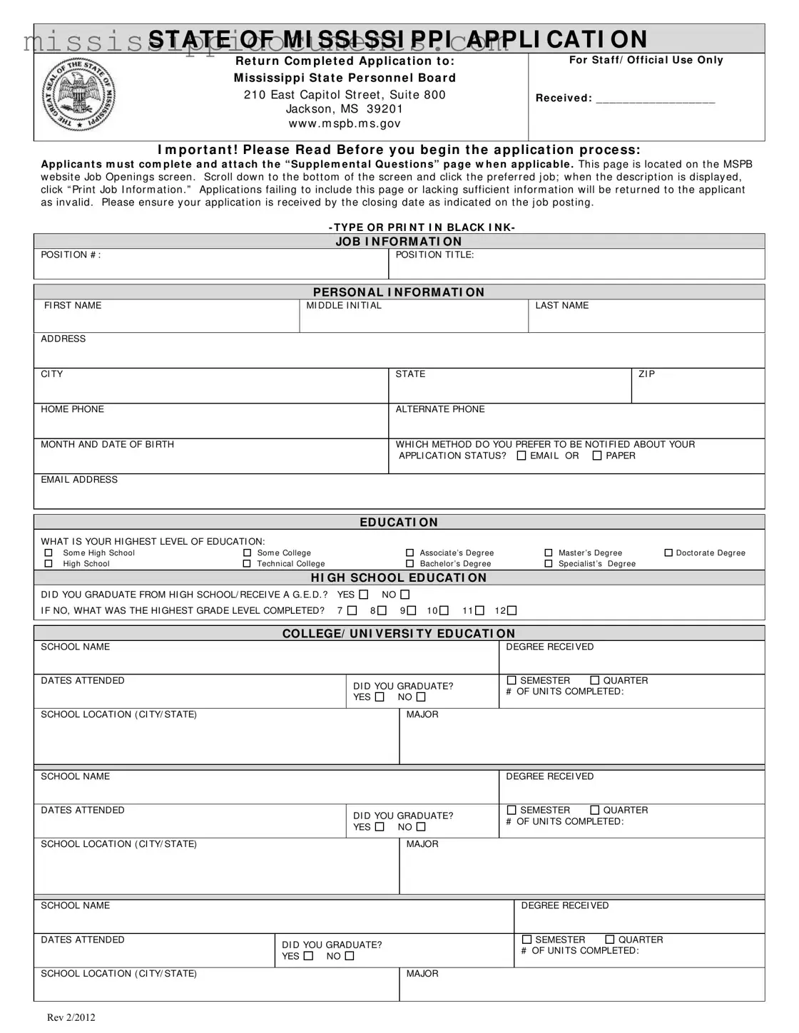 Official Mississippi Application Form in PDF
