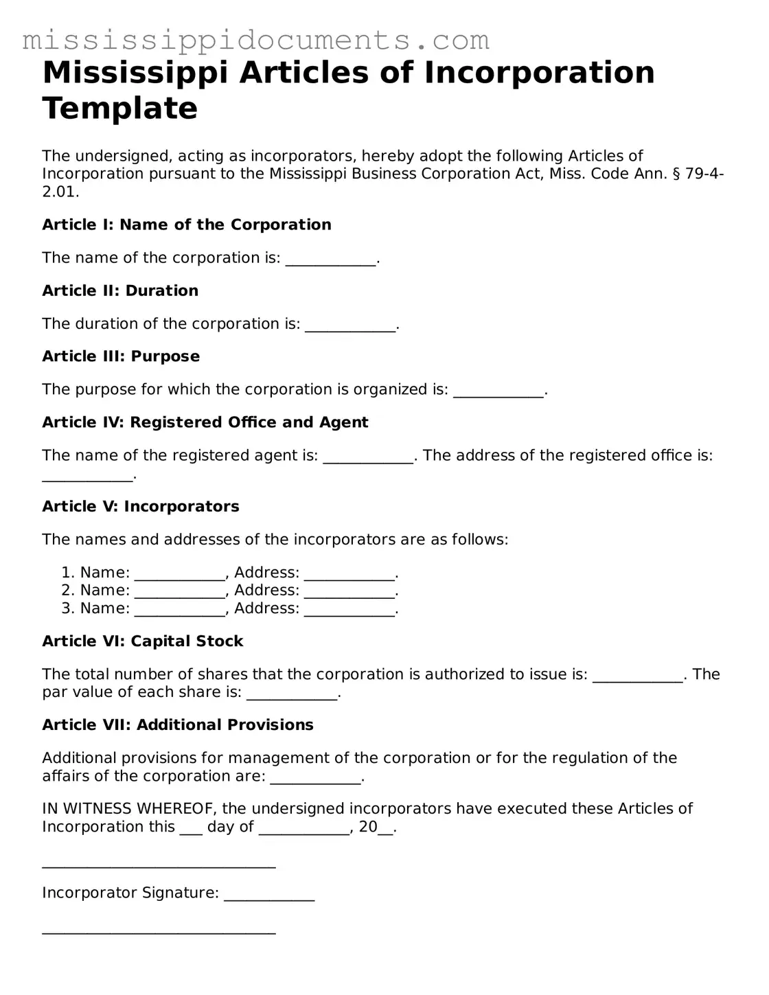Attorney-Verified Articles of Incorporation Document for Mississippi State