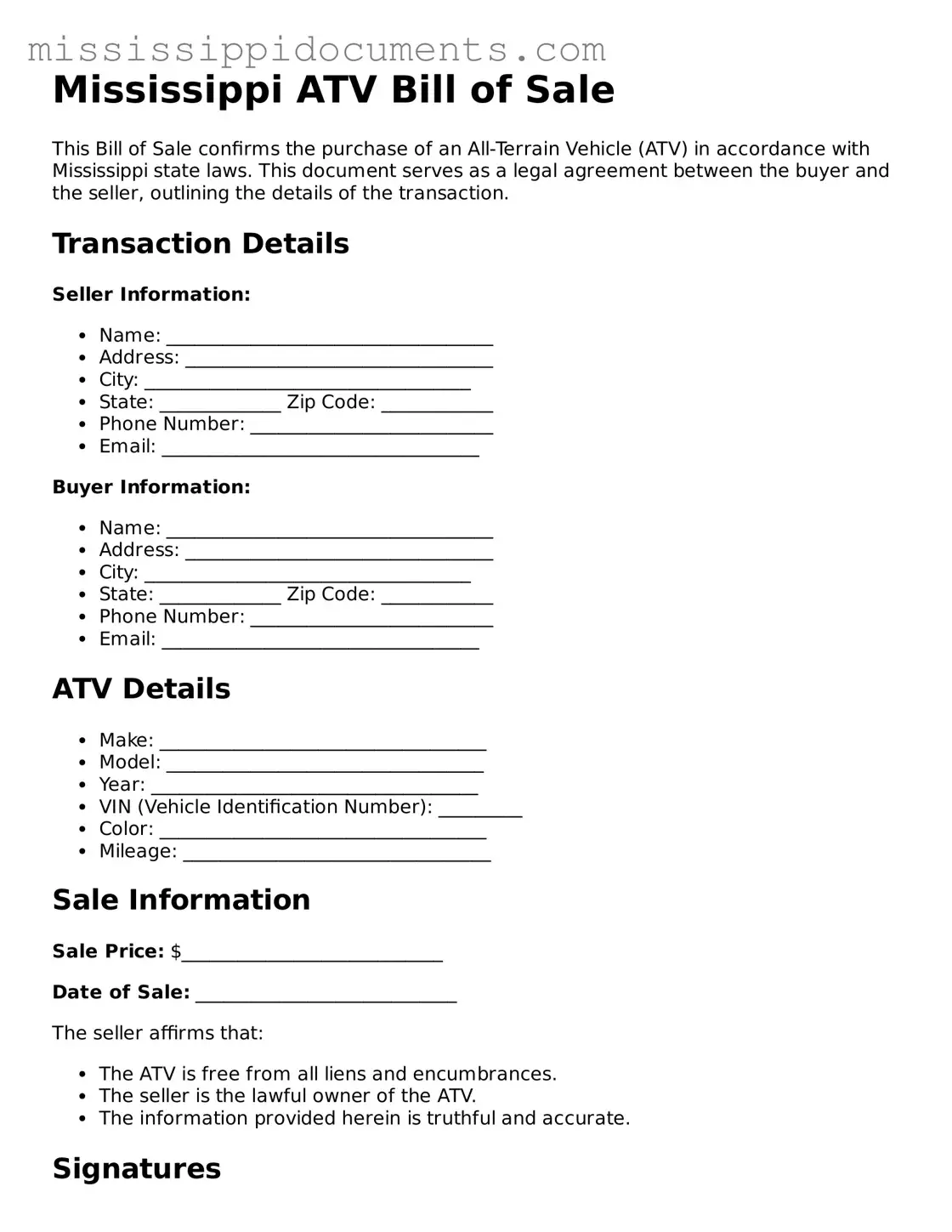 Attorney-Verified ATV Bill of Sale Document for Mississippi State