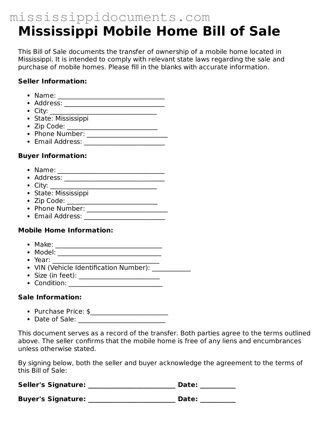 Attorney-Verified Mobile Home Bill of Sale Document for Mississippi State