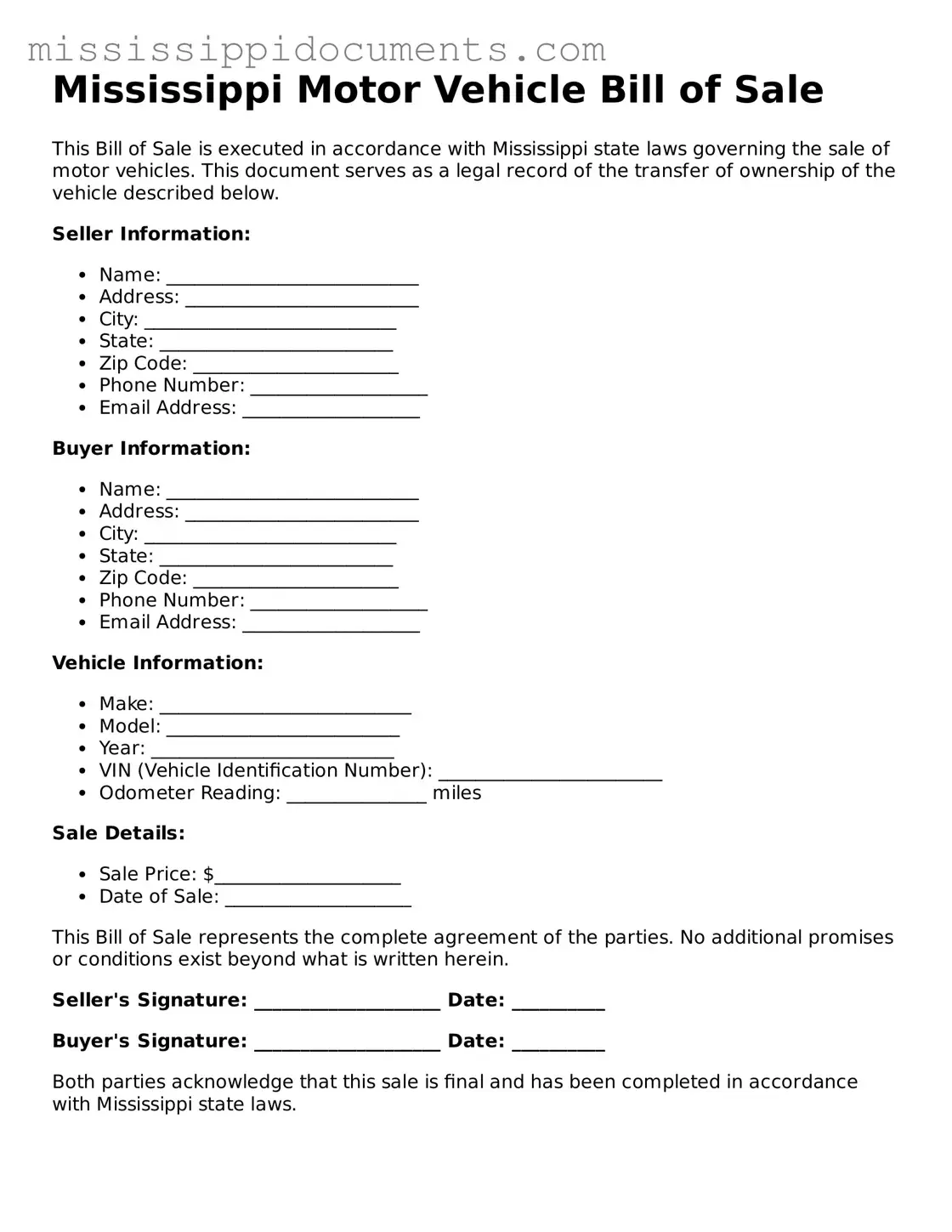 Attorney-Verified Motor Vehicle Bill of Sale Document for Mississippi State