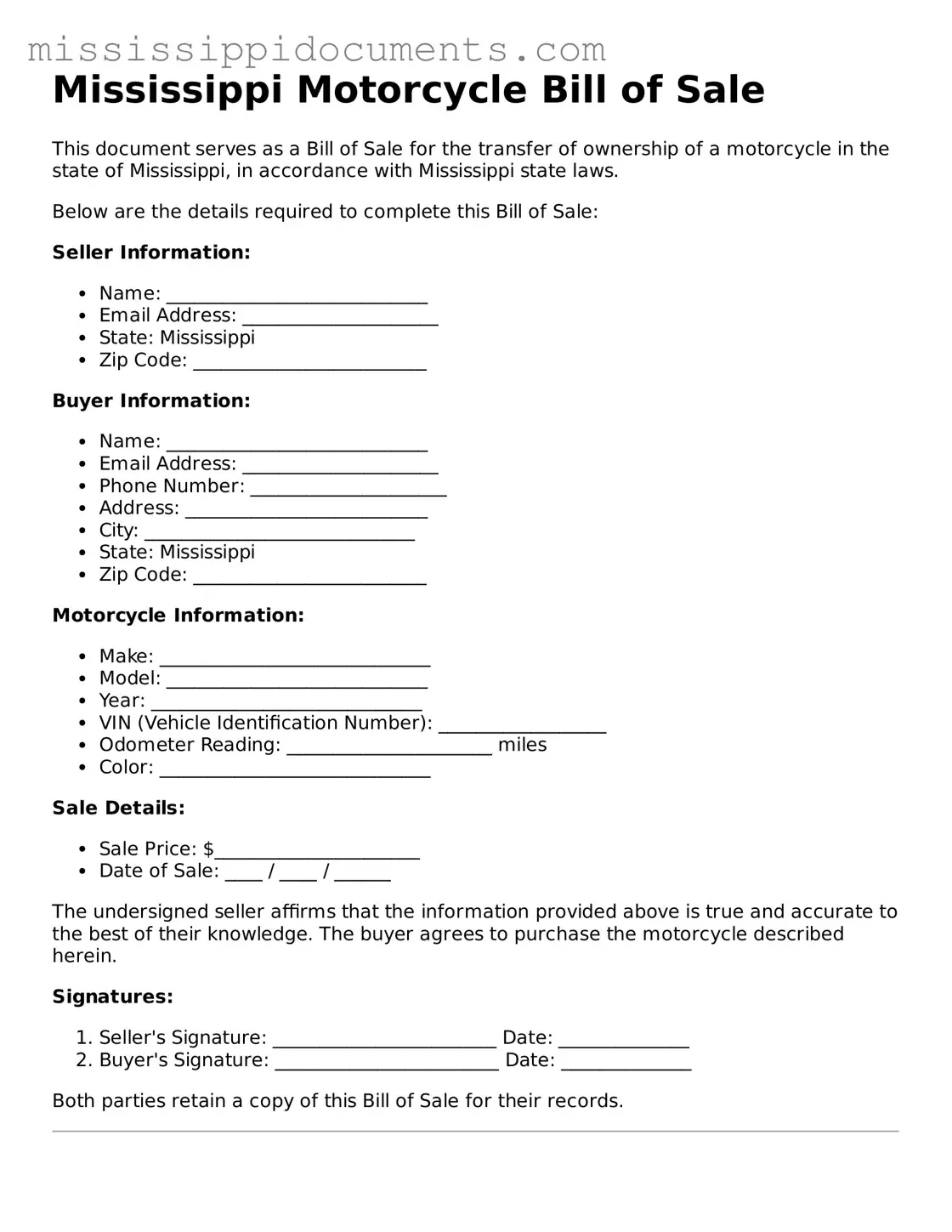Attorney-Verified Motorcycle Bill of Sale Document for Mississippi State