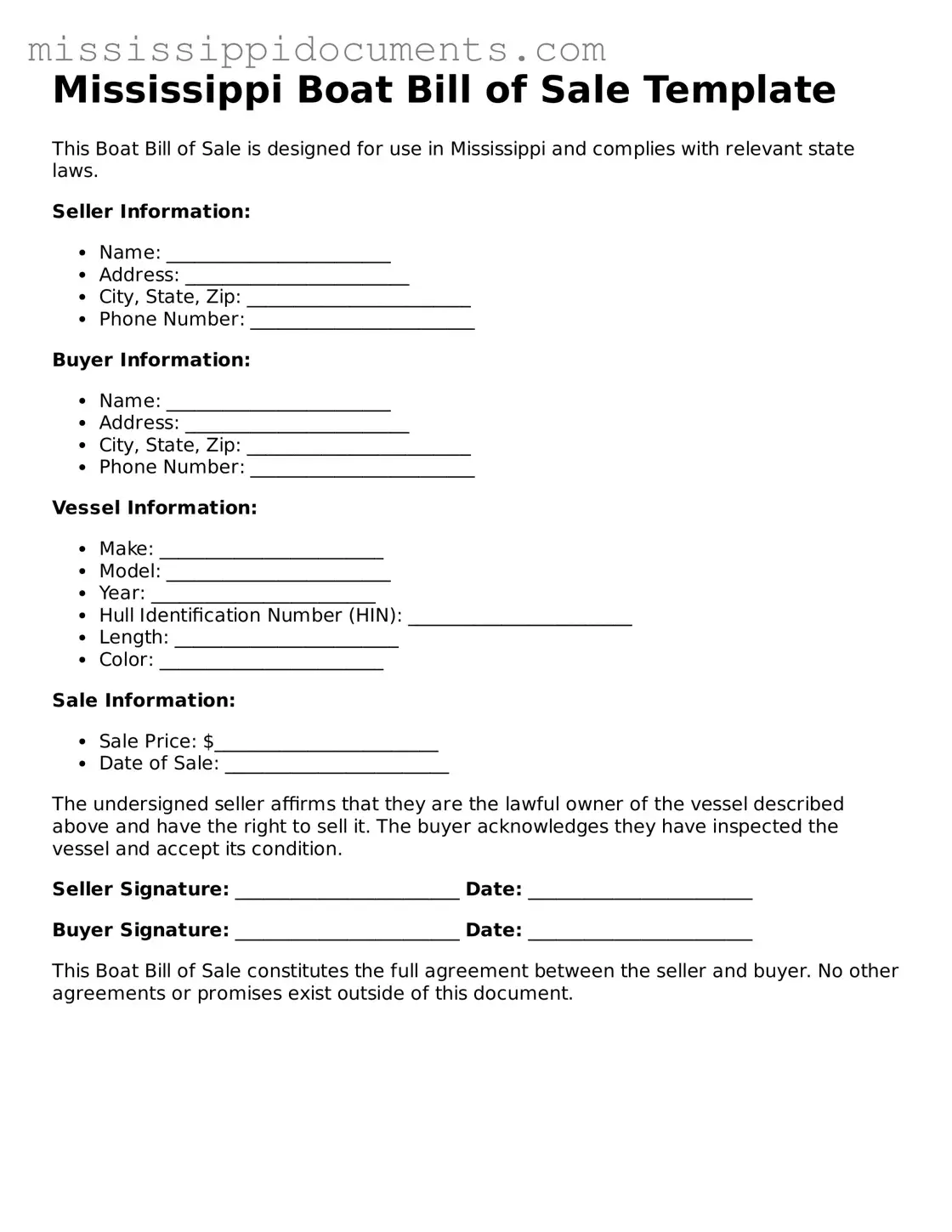 Attorney-Verified Boat Bill of Sale Document for Mississippi State