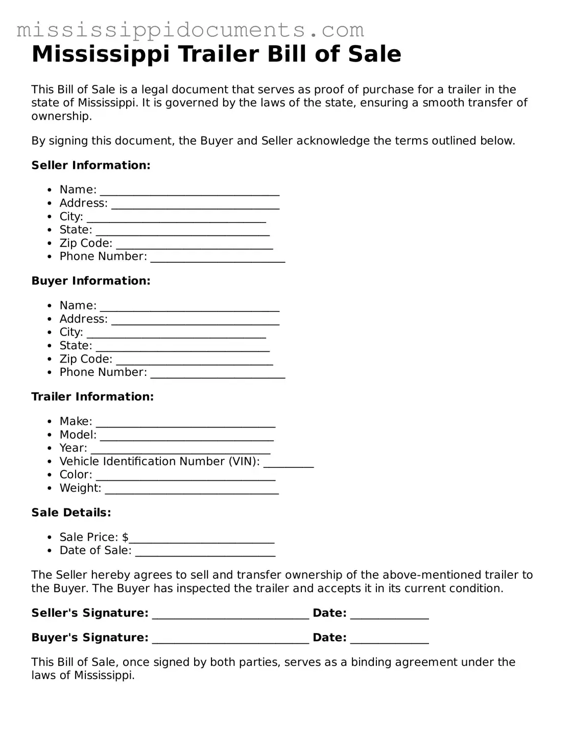 Attorney-Verified Trailer Bill of Sale Document for Mississippi State
