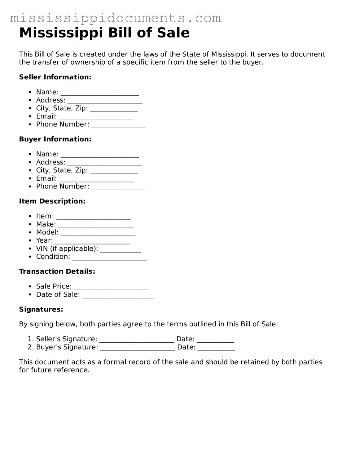 Attorney-Verified Bill of Sale Document for Mississippi State