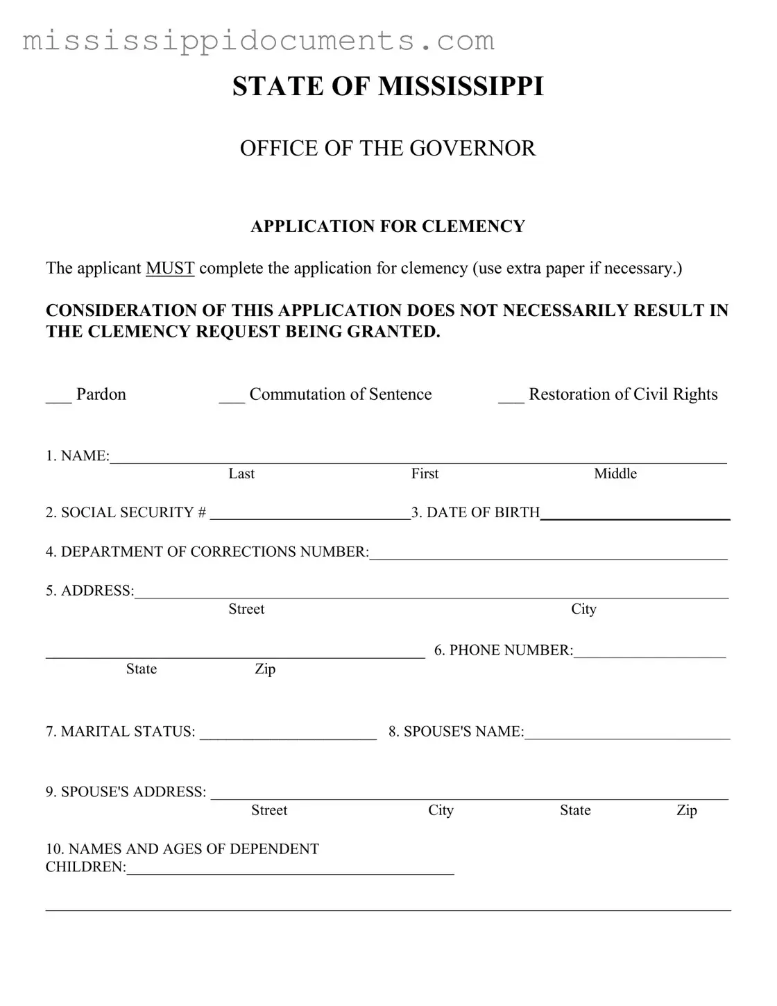 Official Mississippi Clemency Form in PDF