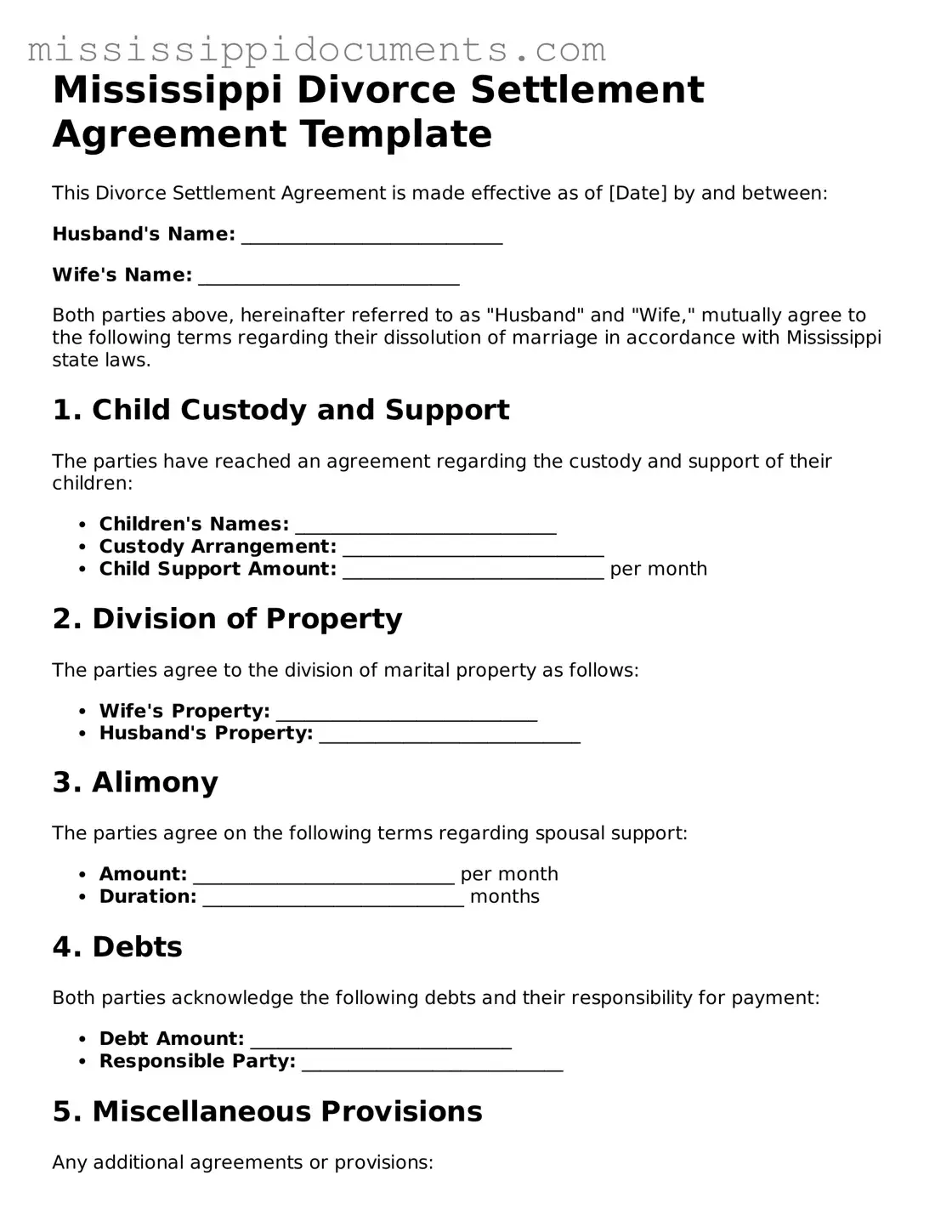 Attorney-Verified Divorce Settlement Agreement Document for Mississippi State
