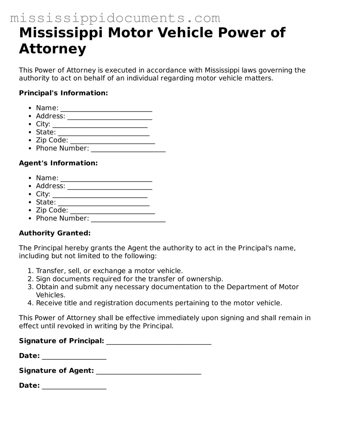 Attorney-Verified Motor Vehicle Power of Attorney Document for Mississippi State