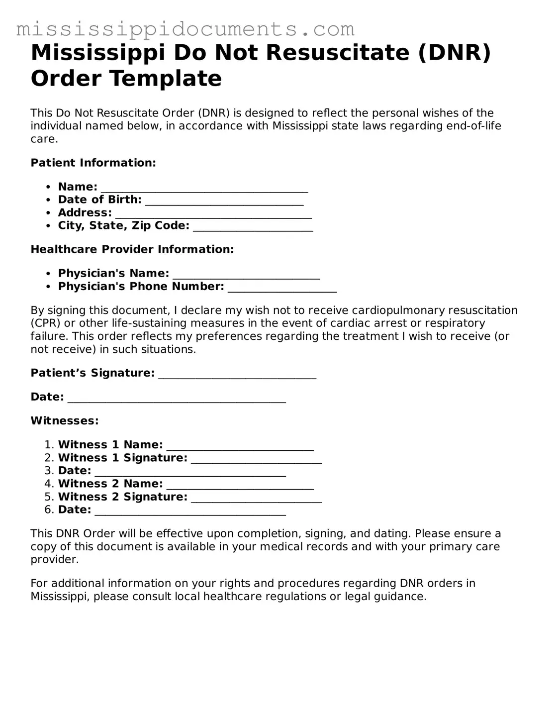 Attorney-Verified Do Not Resuscitate Order Document for Mississippi State