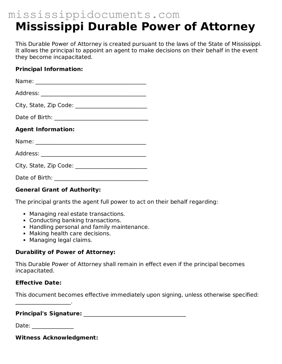 Attorney-Verified Durable Power of Attorney Document for Mississippi State