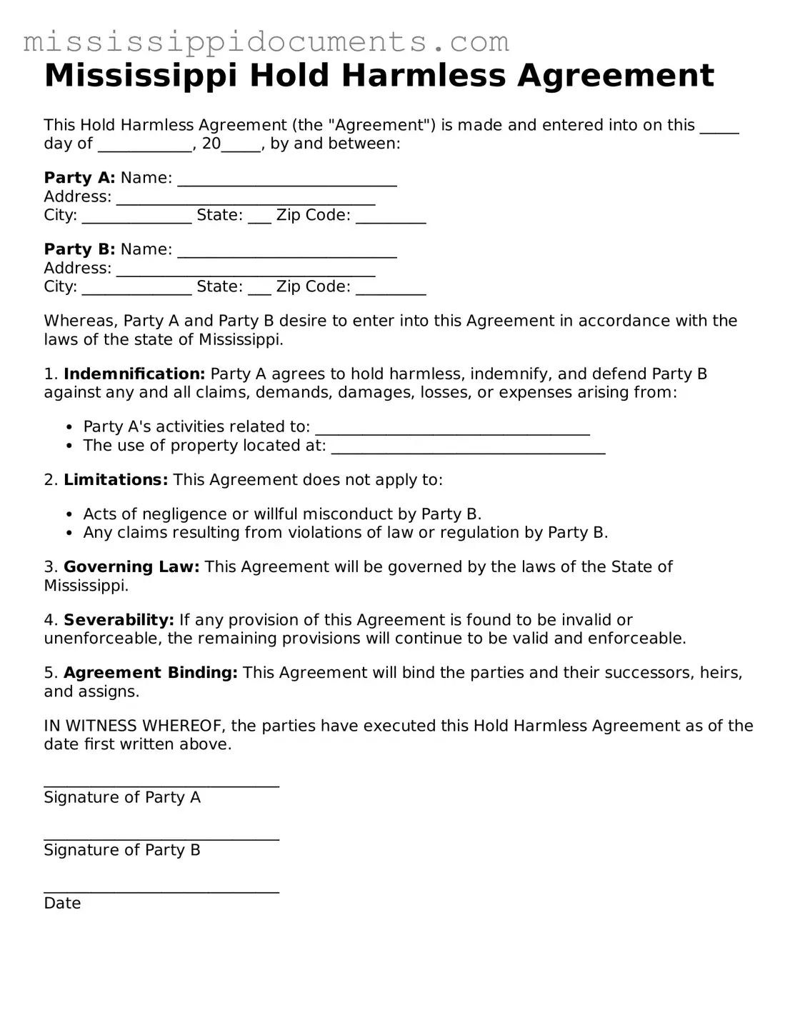 Attorney-Verified Hold Harmless Agreement Document for Mississippi State