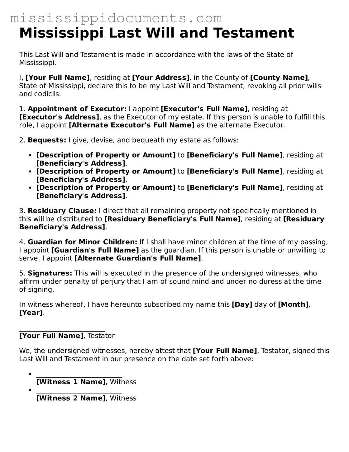 Attorney-Verified Last Will and Testament Document for Mississippi State