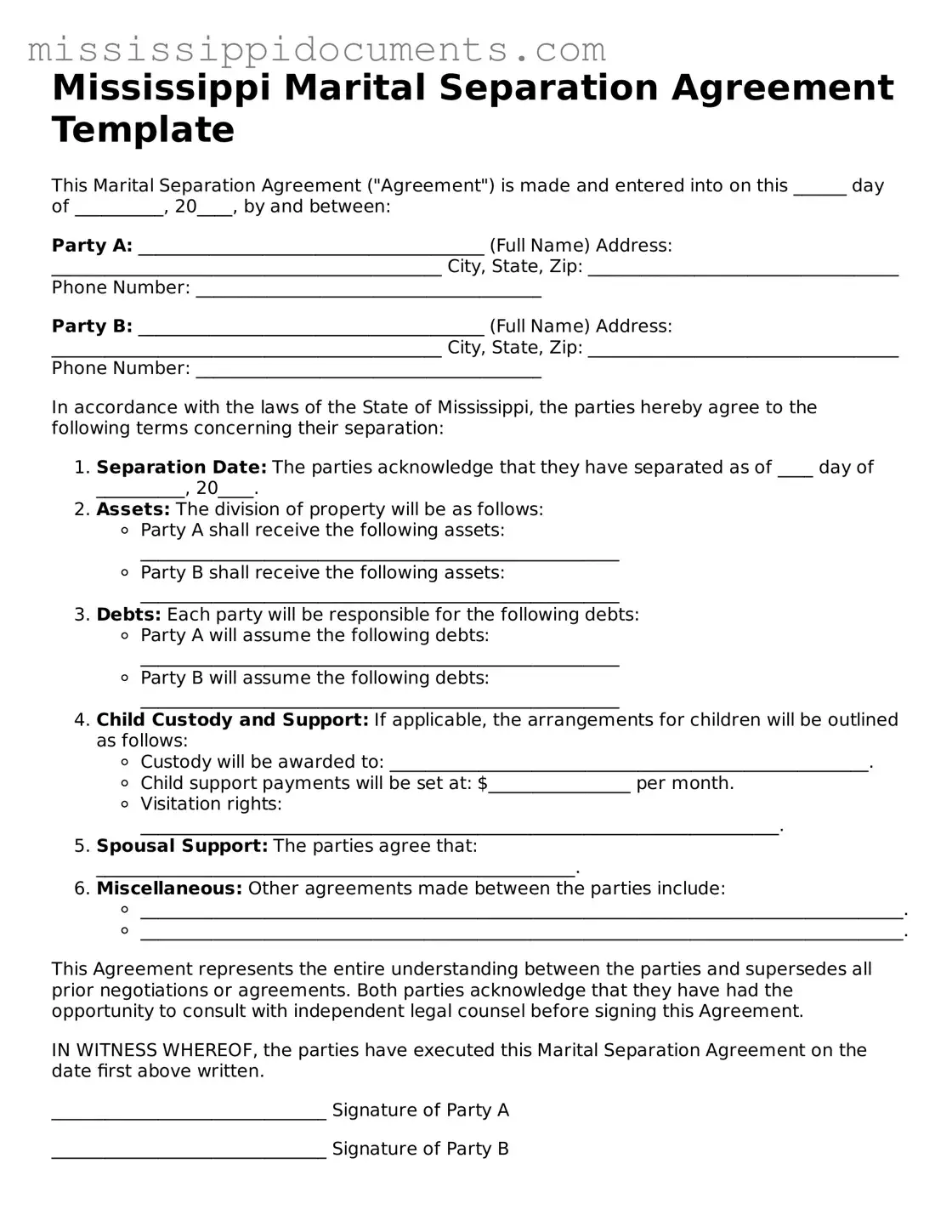 Attorney-Verified Marital Separation Agreement Document for Mississippi State