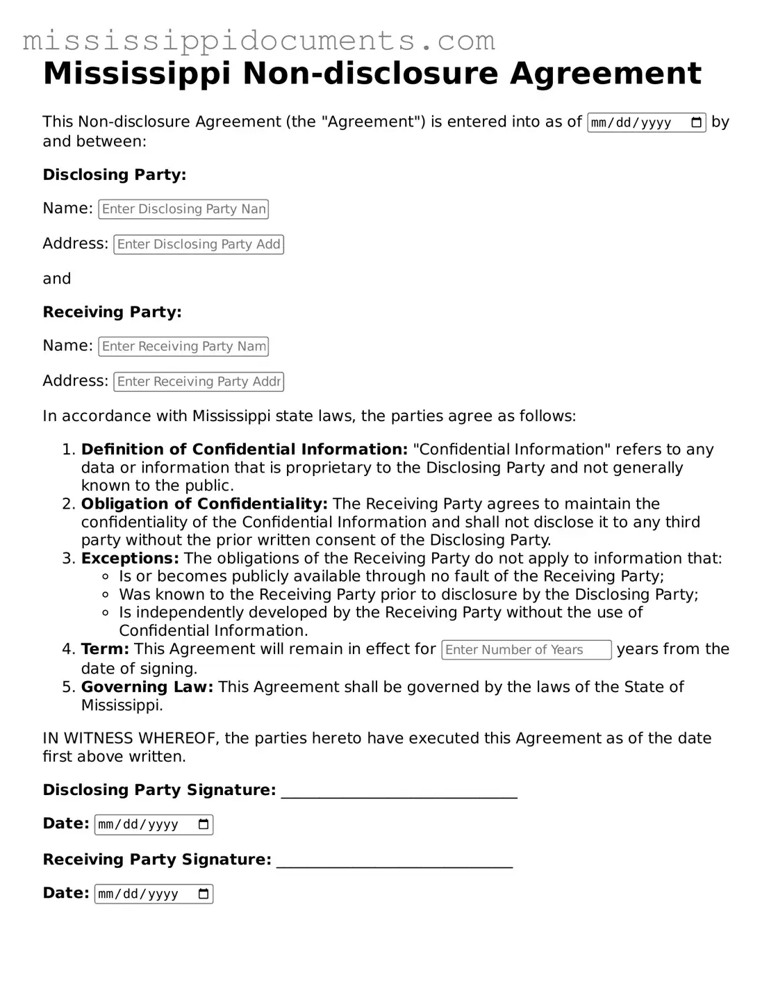 Attorney-Verified Non-disclosure Agreement Document for Mississippi State