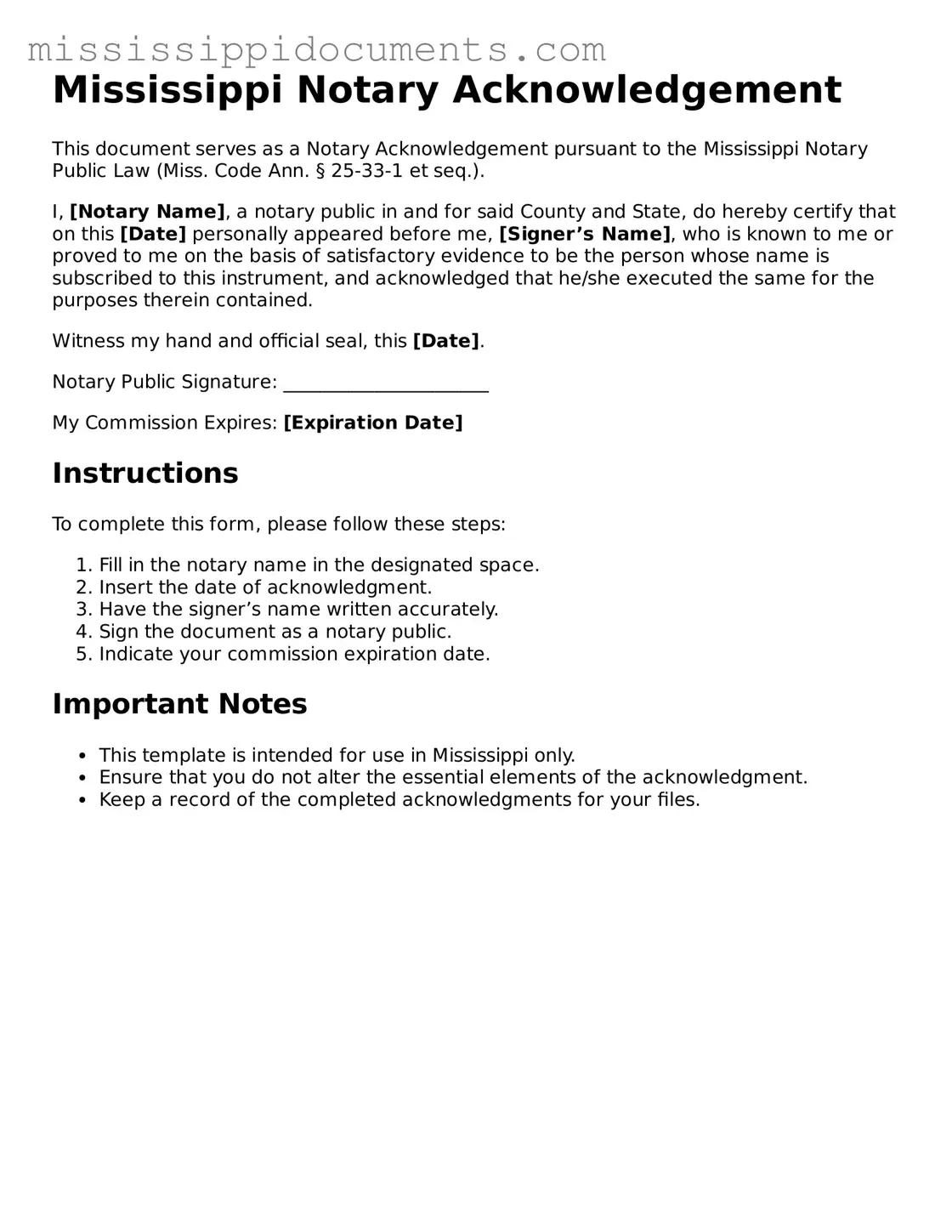 Attorney-Verified Notary Acknowledgement Document for Mississippi State