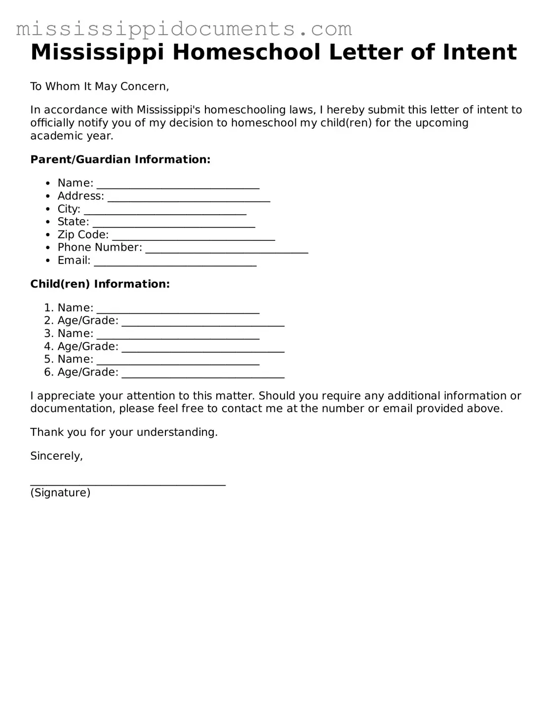 Attorney-Verified Homeschool Letter of Intent Document for Mississippi State