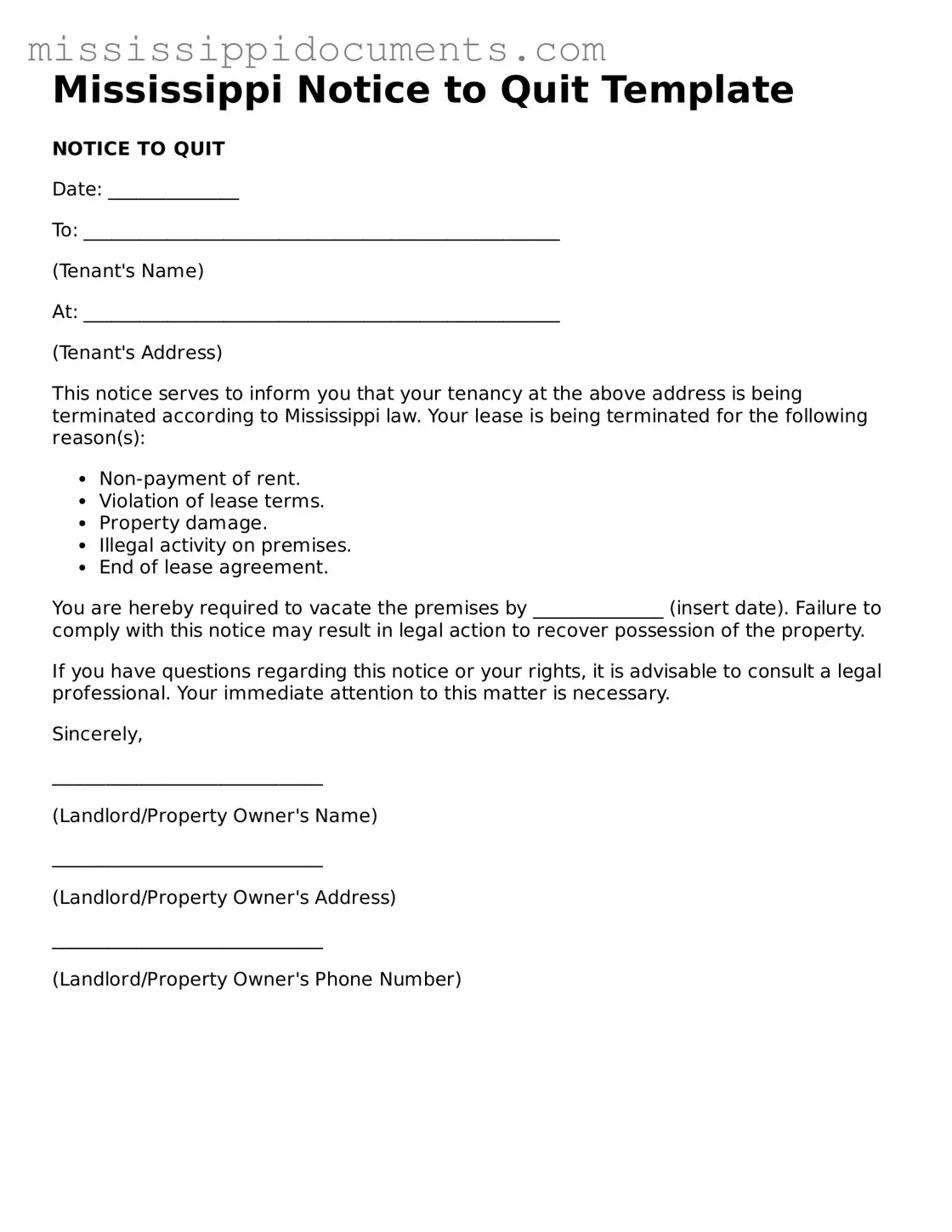 Attorney-Verified Notice to Quit Document for Mississippi State