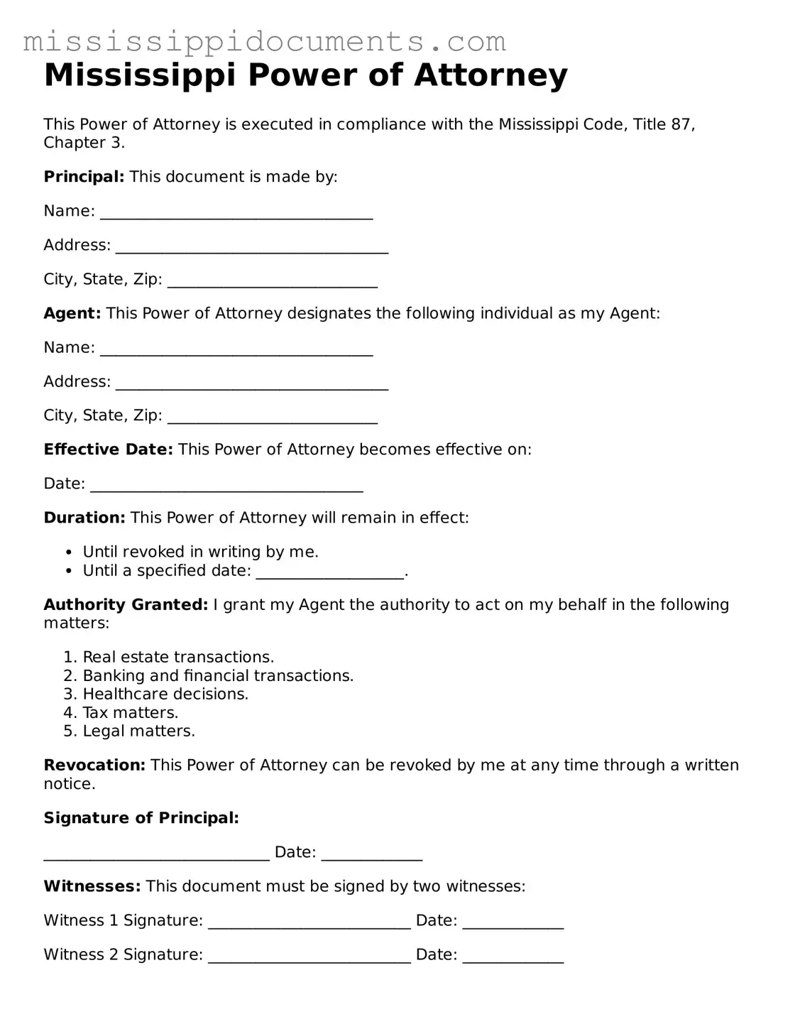 Attorney-Verified Power of Attorney Document for Mississippi State