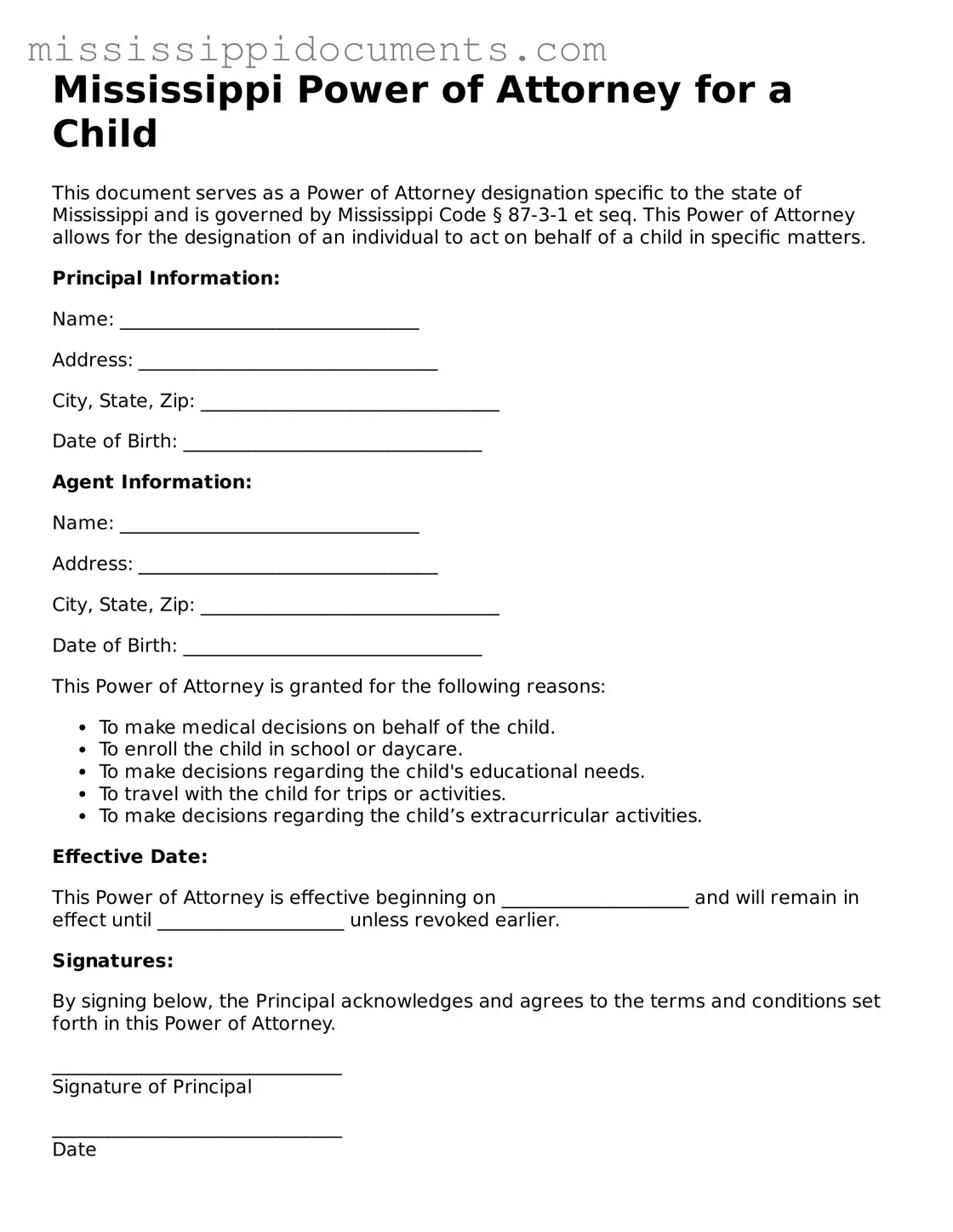 Attorney-Verified Power of Attorney for a Child Document for Mississippi State