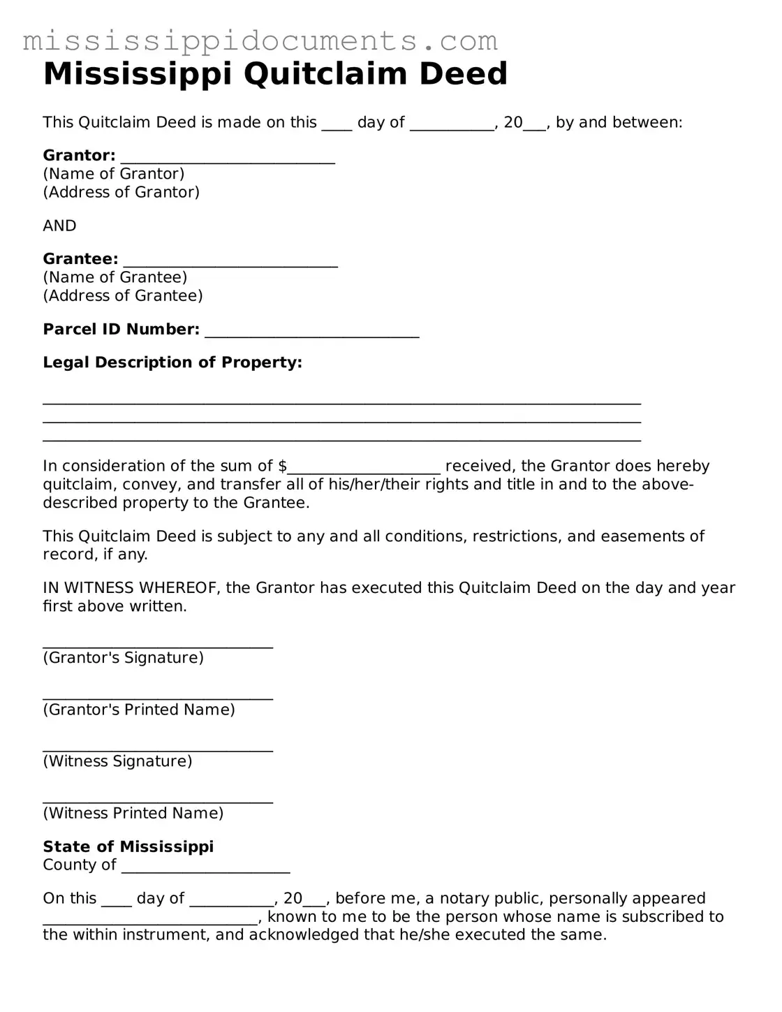 Attorney-Verified Quitclaim Deed Document for Mississippi State
