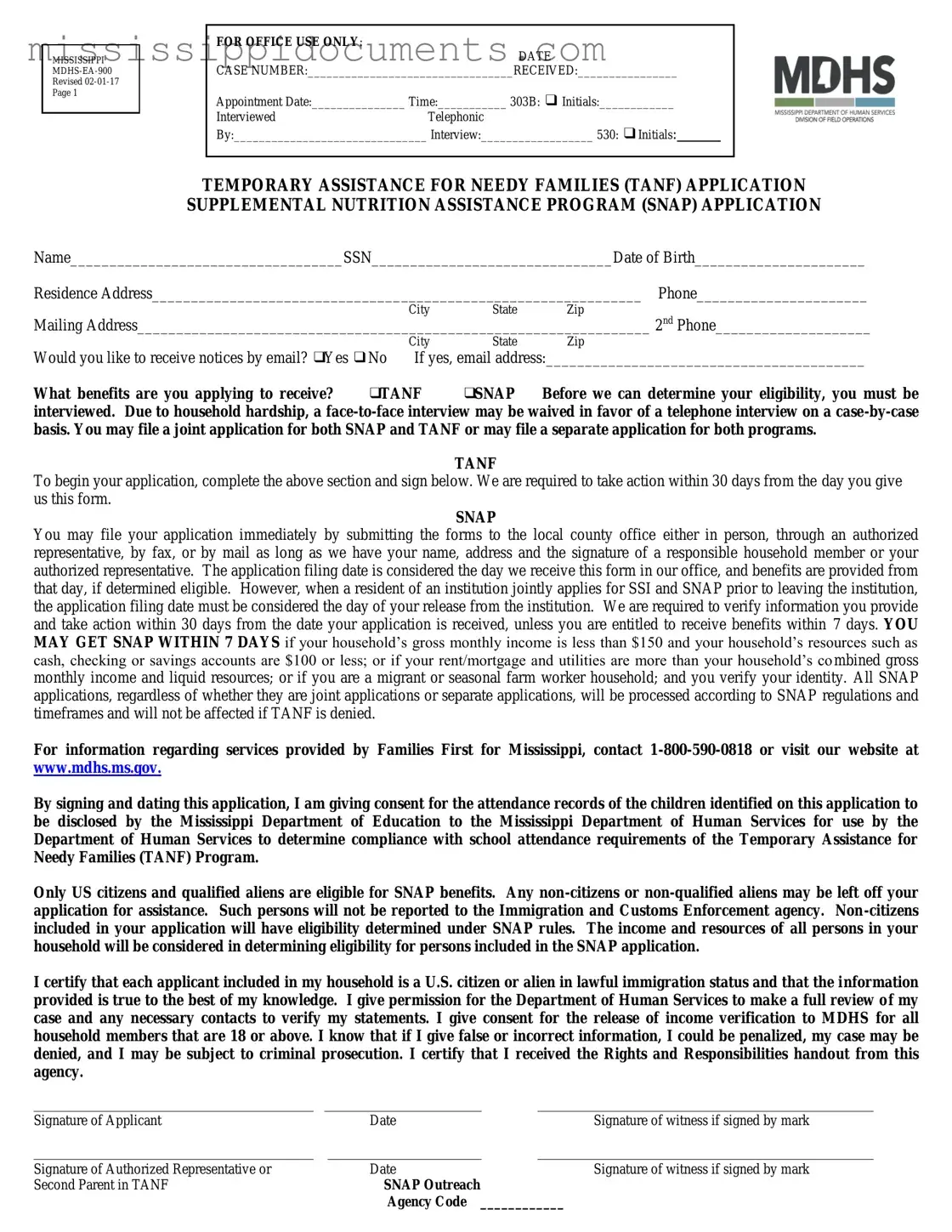 Official Mississippi Snap Application Form in PDF