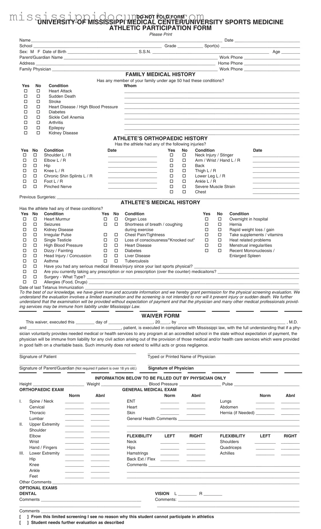 Official Mississippi Sports Medicine Athletics Physical Form in PDF