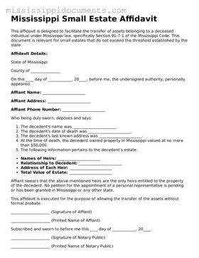 Attorney-Verified Small Estate Affidavit Document for Mississippi State
