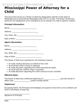 Attorney-Verified Power of Attorney for a Child Document for Mississippi State