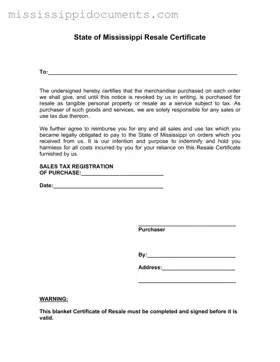 Official Mississippi Resale Certificate Form in PDF